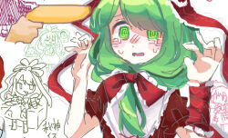 @_@ amadare_rak arm_ribbon bow front_ponytail green_eyes green_hair kagiyama_hina kazami_yuuka red_bow red_ribbon ribbon sitting sketch smile touhou upper_body