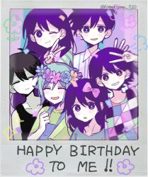 2girls 4boys :d :i ^_^ absurdres antenna_hair aubrey_(headspace)_(omori) aubrey_(omori) bare_shoulders basil_(headspace)_(omori) basil_(omori) black_hair black_tank_top blue_eyes blue_flower blue_hair blue_overalls blue_rose blurry blurry_foreground blush bow bright_pupils brother_and_sister brothers checkered_clothes clenched_hand closed_eyes closed_mouth collared_shirt commentary_request confetti double-parted_bangs fingernails flower flower_wreath green_shirt grin hair_behind_ear hair_between_eyes hair_bow happy_birthday hatching_(texture) head_wreath hero_(headspace)_(omori) hero_(omori) highres kel_(headspace)_(omori) kel_(omori) komekopan_720 long_hair looking_at_viewer mari_(headspace)_(omori) mari_(omori) multiple_boys multiple_girls omori omori_(omori) one_eye_closed open_mouth orange_eyes overalls pink_bow pink_flower purple_background purple_eyes purple_flower purple_hair rose shirt short_hair siblings simple_background smile striped_background striped_clothes striped_shirt tank_top twitter_username upper_body v vertical-striped_clothes vertical-striped_shirt white_pupils white_shirt