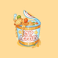 animal_focus charongess commentary cup_ramen english_commentary food food_art food_focus foodification fork holding holding_fork instant_ramen looking_at_viewer mouse_(animal) no_humans original smile soup sparkle