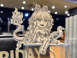 1girl bird breasts chibi cleavage commentary corrupted_twitter_file demon_girl demon_horns demon_tail detached_collar detached_sleeves dress fangs fire highres horns indie_virtual_youtuber jqhnharqld large_breasts long_hair multiple_horns open_mouth paper_child papercraft_(medium) photo_(medium) short_dress sitting smile solo tail toes unconventional_media vei_(vtuber) vei_(vtuber)_(sky_empress) virtual_youtuber