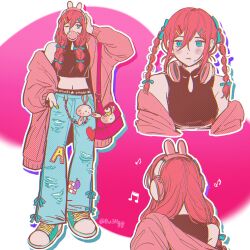 1girl animal_charm animal_ear_headphones animal_ears aqua_bow aqua_eyes aqua_shoes aubrey_(faraway)_(omori) aubrey_(omori) bag bare_shoulders belt black_belt black_shirt blue_pants bow braid breasts bu3hgg bubble cardigan chewing_gum chromatic_aberration closed_mouth clothes_writing commentary_request copyright_name crop_top cropped_shirt cropped_torso cupcake_bunny_(omori) denim double-parted_bangs expressionless fake_animal_ears film_grain forest_bunny?_(omori) full_body green_nails hair_between_eyes hair_bow hair_ornament hair_over_shoulder halftone halftone_background hand_in_pocket hand_on_own_head headphones heart highres jeans korean_commentary long_sleeves looking_to_the_side midriff mr._plantegg_(omori) multiple_views musical_note nail_polish navel official_alternate_costume official_alternate_hairstyle omori one_eye_closed open_cardigan open_clothes outline pants pink_background pink_bag pink_cardigan puffy_long_sleeves puffy_sleeves rabbit_ear_headphones shirt shoelaces shoes shoulder_bag simple_background single_bare_shoulder sleeveless sleeveless_shirt small_breasts standing star_(symbol) star_print torn_clothes torn_pants twin_braids two-tone_background white_background white_outline