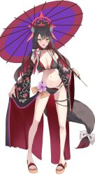 1girl :d absurdres animal_ear_fluff animal_ears bikini black_bikini blue_archive breasts brown_hair cleavage colored_inner_hair detached_sleeves fox_ears fox_girl fox_tail full_body halo highres large_breasts long_hair multicolored_hair navel oil-paper_umbrella open_mouth red_hair red_halo sandals simple_background smile solo swimsuit tail udonpan umbrella wakamo_(blue_archive) white_background yellow_eyes