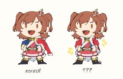 1girl :d ? ?? aijou_karen artist_name belt belt_buckle black_boots blue_jacket boots brown_background brown_eyes brown_hair buckle chibi commentary crown emphasis_lines english_commentary fur-trimmed_jacket fur_trim hand_on_own_hip jacket jacket_on_shoulders ling_(chaaaaanhikari) looking_at_viewer mini_crown miniskirt multicolored_jacket multiple_views open_mouth red_jacket sash short_hair shoujo_kageki_revue_starlight shoulder_sash simple_background single_stripe skirt smile solid_oval_eyes standing striped_clothes striped_skirt two-tone_jacket two_side_up v-shaped_eyebrows white_sash yellow_belt
