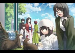1boy 5girls animal aozaki_touko aozaki_touko_(mahou_tsukai_no_yoru) black_dress black_footwear black_gloves black_hair black_jacket black_shirt black_skirt black_sweater black_thighhighs blue_eyes blue_sash blue_sky blush boots breasts brown_hair building character_request city cloud coat dress family father_and_daughter gloves green_coat hair_between_eyes haori in-franchise_crossover jacket japanese_clothes kara_no_kyoukai kimono kokutou_mikiya kuonji_alice leaning_forward long_hair looking_at_another low_ponytail mahou_tsukai_no_yoru medium_breasts medium_hair mother_and_daughter multiple_girls obi otter outdoors parted_bangs pink_kimono ponytail railing ryougi_mana ryougi_shiki sash scrunchie semi-rimless_eyewear shadow shirt shoori_(migiha) short_hair side_ponytail sidelocks skirt sky smile sweater teeth thighhighs tile_floor tiles tree turtleneck turtleneck_sweater type-moon upper_teeth_only white_coat white_headwear white_scrunchie white_sweater zoo