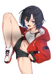 Rule 34 | 1girl, abs, artist request, groin, muscular, muscular female, open fly, open mouth, shoes, short hair, shorts, smile, sneakers, source request, sports bra, standing, standing on one leg, sweat, tagme