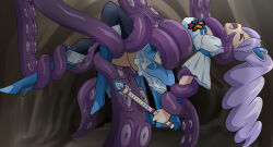 1girl aono_miki bdsm black_thighhighs blue_boots blue_shirt blue_skirt bondage boots bound closed_eyes clover_ornament crop_top cure_berry drill_hair earrings fresh_precure! frilled_skirt frills hair_ornament hairband heart heart_earrings heart_hair_ornament held_up jewelry long_hair magical_girl makimaki_palace midriff miniskirt navel open_mouth precure puffy_short_sleeves puffy_sleeves purple_eyes purple_hair ryona screaming shirt short_sleeves side_drill side_ponytail skirt solo tentacles thighhighs