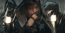 1boy 2others absurdres bags_under_eyes black_eyes black_gloves black_hair blood blood_on_face blurry blurry_background covering_own_mouth gloves hair_between_eyes hand_up highres hood hood_up looking_at_viewer male_focus meltoring multiple_others original rain raincoat short_hair upper_body
