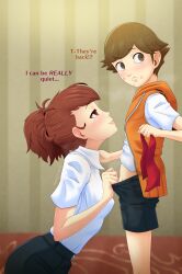 1boy 1girl absurdres age_difference amada_ken blush brown_eyes brown_hair clothes_pull english_text hetero highres indoors onee-shota penis penis_peek persona persona_3 persona_3_portable red_eyes red_hair shiomi_kotone shorts shorts_pull shota smile standing stradivarius teenage_girl_and_younger_boy twitter_username