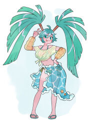 1girl :p absurdres aqua_eyes aqua_hair bikini bikini_under_clothes blue_eyes blue_hair blush breasts cleavage commentary doodlelotl english_commentary hand_on_own_hip hatsune_miku highres inflatable_armbands long_hair looking_at_viewer medium_breasts palm_tree_cut see-through_clothes shirt side-tie_bikini_bottom slippers solo starfish swimsuit tied_shirt tongue tongue_out twintails v very_long_hair vocaloid water