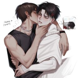 2boys anger_vein closed_eyes couple earrings eren_yeager expressionless highres jewelry kiss kissing_cheek levi_(shingeki_no_kyojin) male_focus multiple_boys pale_skin ring russian_text saika076 shingeki_no_kyojin simple_background teeth translation_request veins veiny_arms white_background yaoi