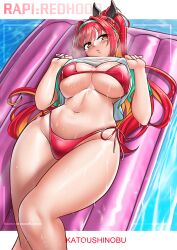 Rule 34 | 1girl, artist name, bikini, blush, border, breasts, character name, clothes lift, cowboy shot, goddess of victory: nikke, hair ornament, inflatable raft, katou shinobu, large breasts, long hair, lying, matching hair/eyes, multicolored hair, navel, official alternate costume, on back, orange hair, ponytail, rapi (nikke), rapi (red hood) (nikke), rapi (red hood) (red flavor) (nikke), red bikini, red eyes, red hair, shirt, shirt lift, short sleeves, side-tie bikini bottom, solo, swimsuit, two-tone hair, wet, white border, white shirt