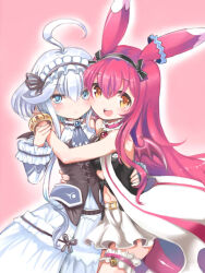 Rule 34 | 2girls, ahoge, ajitarou (setsu), animal ears, black ribbon, black shirt, blue eyes, blue necktie, detached sleeves, dragon wings, dress, emil chronicle online, frilled dress, frilled hairband, frilled sleeves, frills, hairband, highres, hug, long hair, looking at viewer, mecha musume, mitama aria, mitama nanai, multiple girls, necktie, open mouth, pink hair, ribbon, shirt, skirt, white hair, white skirt, wings, yellow eyes