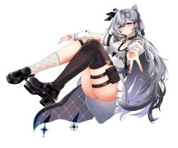 1girl asymmetrical_legwear cone_hair_bun double_v dress earrings grey_hair hair_bun highres hololive hololive_indonesia jewelry long_hair mismatched_legwear nyarome_(nyaromeart) pouch purple_eyes single_earring single_thighhigh skindentation smile thigh_pouch thighhighs thighs v vestia_zeta vestia_zeta_(1st_costume) virtual_youtuber white_background white_dress