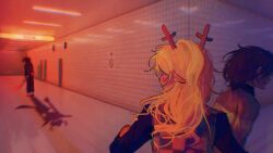 1other 2girls antlers baseball_bat black_shirt blonde_hair brown_hair checkered_clothes checkered_vest commentary december_holiday deer_antlers deer_girl deer_tail deltarune different_shadow english_commentary furry furry_female highres holding holding_baseball_bat horns kris_(deltarune) long_hair multiple_girls nebbeli noelle_holiday pants roaring_knight shirt short_hair signature tail the_exit_8 tile_wall tiles vest