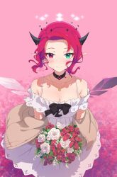 Rule 34 | 1girl, absurdres, armpit crease, bare shoulders, bouquet, breasts, brown cardigan, cardigan, choker, cleavage, commission, demon horns, detached wings, double halo, dress, feca, flower, forehead, green eyes, halo, heterochromia, highres, holding, holding bouquet, hololive, hololive english, horns, irys (casualrys) (hololive), irys (hololive), jewelry, lace, lace choker, looking at viewer, necklace, off shoulder, open cardigan, open clothes, pink background, pink hair, pointy ears, red eyes, second-party source, short hair, sleeveless, sleeveless dress, smile, solo, virtual youtuber, white dress, wings
