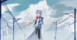1boy arm_at_side back-to-back black_hair black_jacket black_pants blazer blue_necktie blue_sky cable cloud cloudy_sky colored_bangs facing_to_the_side fujiki_yusaku green_eyes highres holding holding_umbrella jacket looking_at_viewer loose_necktie male_focus neck_ribbon necktie open_clothes open_jacket pants red_scarf ribbon scarf screen0624 shirt sky umbrella untucked_shirt utility_pole white_shirt wind winter yu-gi-oh! yu-gi-oh!_vrains
