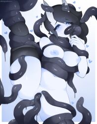 1girl ahegaokami anal black_hair black_thighhighs blue_eyes blue_skin bound breasts colored_skin consensual_tentacles demon fellatio half-closed_eyes heart heart-shaped_pupils highres horns leg_up medium_breasts medium_hair mouth_insertion nipples nude oni oral original pale_skin pussy pussy_juice restrained sex skin-covered_horns solo spooky_(ahegaokami) spread_legs symbol-shaped_pupils tentacle_grab tentacle_in_mouth tentacle_sex tentacles thick_eyelashes thighhighs triple_penetration vaginal white_skin