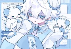 1boy @_@ absurdres bead_necklace beads bear blue_bow blue_bowtie blue_eyes bow bowtie bun_cover closed_mouth colored_eyelashes commentary_request detached_wings double-parted_bangs double_bun hair_between_eyes hair_bun halo highres holding_halo jewelry long_sleeves male_focus mole mole_under_eye nasa14bear necklace original short_hair sleeves_past_fingers sleeves_past_wrists solo tenshi_kaiwai upper_body watermark white_hair wings