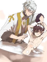 Rule 34 | 2boys, anger vein, arch bishop (ragnarok online), arms up, bath, black-framed eyewear, black coat, blush, brown hair, coat, commentary request, cropped jacket, datenshi no fu, despair god morroc, feet out of frame, glasses, grey hair, hair ornament, highres, jacket, long sleeves, looking at another, male focus, multiple boys, one eye closed, pointy ears, ragnarok masters, ragnarok online, short hair, soap bubbles, white hair, white jacket, x hair ornament, yaoi