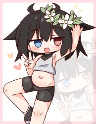 Rule 34 | 1girl, :d, arm up, bare arms, bare shoulders, bike shorts, black hair, black shoes, black shorts, blue eyes, blush, border, chibi, closed mouth, crop top, empty eyes, flower, hair between eyes, hair flower, hair ornament, hana kazari, heart, heterochromia, highres, multiple views, navel, open mouth, original, pink border, red eyes, shoes, shorts, smile, v, white background, white flower, zoom layer