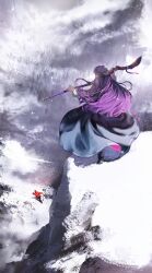 1boy 1girl absurdres alternate_costume artist_name axe bare_tree battle_axe black_gloves black_pants black_shoes black_skirt butterfly_hair_ornament cliff coat commentary_request day fern_(sousou_no_frieren) floating_hair forest from_behind fur-trimmed_coat fur_trim ganada gloves hair_ornament highres holding holding_axe holding_staff long_hair long_skirt long_sleeves mage_staff nature outdoors pants purple_hair red_coat running scenery shoes signature skirt snow sousou_no_frieren spot_color staff standing stark_(sousou_no_frieren) sunlight tree valley very_wide_shot weapon white_coat white_theme wide_shot winter winter_clothes