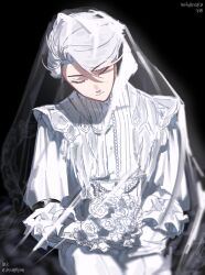 1boy artist_name black_background closed_eyes closed_mouth commentary cowboy_shot english_commentary flower frilled_sleeves frills highres holding holding_flower ink_(inkypyon) long_sleeves male_focus nice_(to_be_hero_x) pants photo-referenced shirt short_hair sitting solo to_be_hero_x tubian_yingxiong twitter_username veil white_flower white_hair white_pants white_shirt