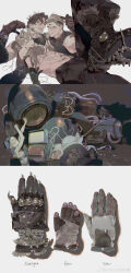 Rule 34 | 1girl, 3boys, absurdres, arms up, blonde hair, boots, brown hair, cable, chinese commentary, cropped, english text, gloves, highres, lying, machine, messy hair, mgong520, monitor, multiple boys, multiple views, muscular, muscular male, object focus, on back, original, perspective, science fiction, siblings, teeth, tube, watermark, weibo username, weibo watermark