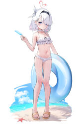 Rule 34 | 1girl, absurdres, alternate hairstyle, bare legs, beach, blue archive, bow, feet, full body, grey eyes, hair bow, hairband, highres, innertube, looking at viewer, multicolored hair, navel, outdoors, pink hair, plana (blue archive), sandals, short hair, solo, somray, standing, starfish, swim ring, swimsuit, toes, two-tone hair, white hair
