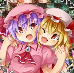 2girls album_cover ascot bad_id bad_pixiv_id bat_wings blonde_hair blush cheek-to-cheek cover crystal eye_contact fang flandre_scarlet hat hat_ribbon heads_together holding_hands looking_at_another mob_cap multiple_girls one_eye_closed open_mouth puffy_sleeves purple_hair red_eyes remilia_scarlet ribbon ryuu_(multitask) shirt short_hair short_sleeves siblings side_ponytail sisters smile touhou upper_body wings