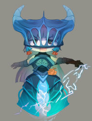 1girl arm_guards black_eyes blue_dress blue_eyes blunt_bangs dota_(series) dota_2 dress earrings edich electricity fang full_body genderswap genderswap_(mtf) grey_background highres hime_cut holding holding_whip jewelry long_hair looking_at_viewer open_mouth razor_(dota) simple_background solo v-shaped_eyebrows