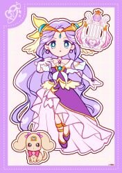 1girl absurdly_long_hair blue_eyes border circlet cure_earth deformed dot_nose dotted_line dress earrings eyelashes flats floating frilled_dress frilled_sleeves frills full_body fuurin_asumi gloves gold_anklet grid_background hair_ornament hand_on_own_shoulder harp healin&#039;_good_precure heart heart_print highres instrument jewelry latte_(precure) long_dress long_hair magical_girl outline parted_lips pink_background precure purple_border purple_dress purple_hair purple_shoes shoes short_sleeves side_slit signature sphere_earrings tareme uwded_207 very_long_hair wavy_hair white_gloves white_outline white_sleeves wing_hair_ornament