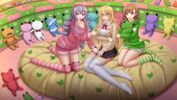 3girls black_skirt blazer blonde_hair bow bowtie breasts brown_eyes brown_hair brown_jacket commentary commission english_commentary gekota green_pajamas green_socks hair_ornament hairpin highres hokaze_junko hood hood_down hooded_pajamas hugging_doll hugging_object jacket kazenokaze kneehighs kneeling large_breasts long_hair long_sleeves medium_hair misaka_mikoto multiple_girls on_cushion pajamas pink_pajamas pink_thighhighs plaid_clothes plaid_skirt red_bow red_bowtie school_emblem school_uniform shirt shokuhou_misaki short_shorts shorts sitting skirt smile socks star-shaped_pupils star_(symbol) striped_clothes striped_socks striped_thighhighs stuffed_animal stuffed_frog stuffed_toy symbol-shaped_pupils thighhighs toaru_kagaku_no_railgun toaru_majutsu_no_index tokiwadai_school_uniform wariza white_shirt white_thighhighs winter_uniform yellow_eyes yokozuwari