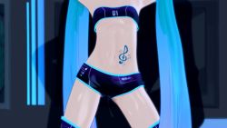 1girl 3d animated animated_gif arms_behind_head ass_shake belly breasts dancing green_hair gs-mantis hatsune_miku loli long_hair navel short_shorts shorts small_breasts solo stomach strapless suggestive_fluid thighs tube_top twintails vocaloid