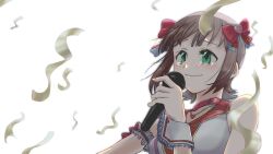 Rule 34 | amami haruka, choker, green eyes, hair ribbon, idol, idolmaster, idolmaster (classic), light blush, looking afar, microphone, naoharuari7, red ribbon, ribbon, sidelocks, smile, stage, tears, white background, wrist cuffs