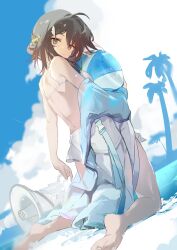 1girl absurdres arknights ball bare_shoulders barefoot bikini grey_eyes grey_hair hair_between_eyes highres holding holding_ball hood hoodie koda24 la_pluma_(arknights) la_pluma_(summer_flowers)_(arknights) looking_at_viewer megaphone official_alternate_costume solo swimsuit thighs white_bikini white_hoodie