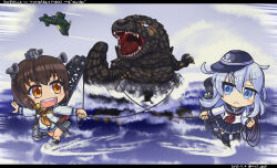 2girls aircraft airplane anchor_symbol autocannon black_headwear black_sailor_collar black_scales black_skirt black_thighhighs blue_eyes blue_hair brown_eyes brown_hair cannon chibi crossover depth_charge dress facial_scar flat_cap giant giant_monster godzilla godzilla_(minus_one) godzilla_(series) godzilla_minus_one hat headgear hibiki_(kancolle) highres imperial_japanese_navy j7w_shinden kaiju kantai_collection light_blue_hair long_sleeves mail_(mail_gell) military miniskirt multiple_girls navy neckerchief ocean pleated_skirt prototype red_neckerchief rigging rope sailor_collar sailor_dress scar scar_on_cheek scar_on_face school_uniform serafuku short_hair skirt smokestack speaking_tube_headset spoilers thighhighs toho type_5_cannon walking walking_on_liquid war world_war_ii yellow_neckerchief yukikaze_(kancolle)