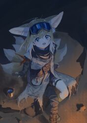 1girl absurdres animal_ears arknights blonde_hair blue_eyes commentary_request extra_ears fox_ears fox_girl fox_tail goggles goggles_on_head highres kitsune kyuubi looking_at_viewer mikeneko90 multiple_tails official_alternate_costume open_mouth solo suzuran_(arknights) suzuran_(lostlands_flowering)_(arknights) tail