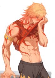 1boy abs absurdres alternate_costume arm_tattoo armlet blonde_hair blush braid chest_tattoo clothes_lift facial_tattoo gradient_hair hair_between_eyes highres honkai:_star_rail honkai_(series) jewelry male_focus male_underwear male_underwear_peek medium_hair multicolored_hair mydei_(honkai:_star_rail) navel nlllllllll0216 pectorals red_hair red_tattoo shirt shirt_lift side_braid simple_background sleeveless sleeveless_shirt solo sweatdrop tattoo toned toned_male underwear white_background yellow_eyes