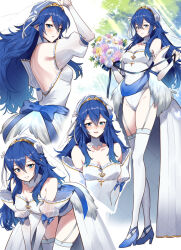 1girl adapted_costume alternate_costume ameno_(a_meno0) backless_leotard backless_outfit blue_hair blue_shoes blush bouquet breasts bridal_veil commentary detached_sleeves dress fire_emblem fire_emblem_awakening flower garter_straps groin high_heels holding holding_bouquet holding_flower leotard lucina_(fire_emblem) medium_breasts nintendo shoes solo thighhighs tiara veil wedding_dress white_leotard white_thighhighs
