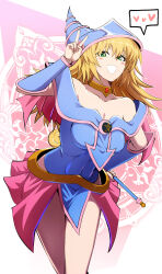 Rule 34 | 1girl, absurdres, bare shoulders, blonde hair, blue dress, blue hat, breasts, cleavage, covered navel, dark magician girl, detached sleeves, dress, duel monster, green eyes, hat, heart, highres, holding, holding wand, large breasts, looking at viewer, magic circle, pentagram, pink skirt, revision, samacho, showgirl skirt, skirt, solo, spoken heart, v, wand, wizard hat, yu-gi-oh!