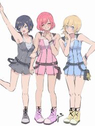 3girls arm_up armpits artist_name bare_legs black_footwear black_hair blonde_hair blue_eyes blue_nails bracelet closed_eyes closed_mouth female_focus hand_on_own_hip highres jewelry junie51384919 kairi_(kingdom_hearts) kingdom_hearts kingdom_hearts_358/2_days kingdom_hearts_ii leg_up looking_at_viewer multiple_girls nail_polish namine_(kingdom_hearts) open_mouth pink_footwear pink_hair pink_nails short_hair signature simple_background sleeveless smile standing standing_on_one_leg teeth white_background xion_(kingdom_hearts) yellow_footwear zipper