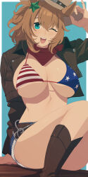 1girl ;d absurdres adjusting_clothes adjusting_headwear alternate_costume american_flag american_flag_bikini american_flag_print animal_ears arm_support bandana bikini blue_background blue_eyes blush boots border breasts brown_boots brown_hair brown_hat brown_jacket cleavage commentary_request cropped_jacket cutoffs denim denim_shorts flag_print flag_print_bikini hair_between_eyes hair_ornament hat highres holster horse_ears horse_girl jacket kumabachi315 large_breasts long_sleeves medium_hair one_eye_closed open_clothes open_jacket open_mouth outside_border ponytail print_bikini red_bandana shorts sitting smile solo star_(symbol) star_hair_ornament swimsuit taiki_shuttle_(umamusume) teeth umamusume upper_teeth_only white_border