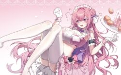 1girl absurdres alternate_costume breasts commentary cup dorothy_(nikke) drink gloves goddess_of_victory:_nikke hair_bun highres holding holding_plate large_breasts long_hair maid maid_headdress open_mouth pink_background pink_hair pink_skirt pink_tube_top plate purple_eyes single_side_bun skirt solo stomach strapless symbol-only_commentary thighhighs thighs tube_top uchihasakino very_long_hair white_gloves white_thighhighs