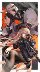 Rule 34 | 2b (nier:automata), 2girls, absurdres, ass, back cutout, beret, black dress, black gloves, black hat, black thighhighs, blindfold, brown hair, clothing cutout, commentary request, dress, gloves, goddess of victory: nikke, grey hair, gun, hat, highres, holding, holding gun, holding sword, holding weapon, leotard, long hair, multiple girls, nier:automata, nier (series), open mouth, rapi (nikke), rapi (red hood) (nikke), red eyes, red gloves, short hair, sword, thighhighs, trigger discipline, two-tone gloves, weapon, white hair, white leotard, zomzomzomsauce