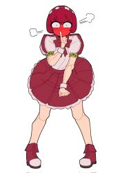 1girl android angry bare_arms bare_legs blush boots dorothy_haze drawlomong24 embarrassed finger_to_mouth full-face_blush full_body hairband highres joints looking_at_viewer red_hair shirt short_hair short_sleeves shushing skirt solo standing va-11_hall-a white_background