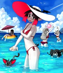 Rule 34 | ^ ^, absurdres, animal, arm up, ball, bat wings, beachball, bikini, black cat, black eyes, black hair, black one-piece swimsuit, blonde hair, blush, book, cat, closed eyes, cloud, cloudy sky, collarbone, commentary, day, eating, eleanor (justadrian), english commentary, eyewear on head, fish, frilled bikini, frills, glasses, gradient hair, grey hair, hat, highres, holding, holding animal, holding book, holding fish, justadrian (yoadriandk), licorice (justadrian), long hair, looking at viewer, lotion, mavie (justadrian), multicolored hair, multiple girls, navel, ocean, on innertube, one-piece swimsuit, open book, open mouth, orange innertube, original, outdoors, partially submerged, pointy ears, reading, red bikini, red hair, scarlett (justadrian), short hair, side-tie bikini bottom, sky, standing, striped clothes, striped one-piece swimsuit, summer, sun hat, sunscreen, swimming, swimsuit, two-tone hair, two-tone one-piece swimsuit, umbrella, vertical-striped clothes, vertical-striped one-piece swimsuit, water, wet, white footwear, white one-piece swimsuit, wings