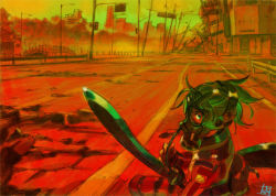 androgynous artist_request bridge building cityscape gas_mask gender_request green_eyes knife kukri mask post-apocalypse ruins solo sword urban weapon