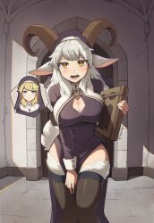 Rule 34 | 1girl, absurdres, animal ears, aqua eyes, arm between legs, artist name, before and after, black dress, black veil, blush, book, breasts, brown thighhighs, cleavage, cleavage cutout, clothing cutout, commentary, cropped legs, crying, crying with eyes open, demon horns, dress, english commentary, fangs, goat ears, goat girl, goat tail, grey hair, highres, holding, holding book, horizontal pupils, horns, indoors, jewelry, large breasts, leaning forward, long hair, long horns, looking at viewer, medium hair, monster girl, monsterification, nun, original, panicking, pendant, sharp teeth, side slit, solo, stone wall, tears, teeth, tenescross, thighhighs, traditional nun, veil, very long ears, white fur, white trim, white wrist cuffs, wrist cuffs, yellow eyes