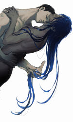 2boys adam&#039;s_apple aidonotknow arched_back black_hair blue_hair hair_focus hair_strand_focus hand_in_another&#039;s_hair hand_on_another&#039;s_back hand_on_another&#039;s_shoulder head_back highres implied_after_sex knees_out_of_frame leaning_back legato_bluesummers logo long_hair looking_at_another male_focus midair millions_knives multiple_boys neck negative_space nude parted_lips shadow short_hair straight_hair trigun trigun_maximum very_long_hair very_short_hair white_background yaoi