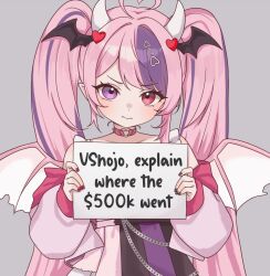 ahoge choker commentary demon_girl demon_horns demon_wings english_commentary hair_ornament head_wings heart heart_ahoge heart_choker heart_hair_ornament heart_o-ring heart_ring_choker heterochromia holding holding_sign horns indie_virtual_youtuber ironmouse ironmouse_(15th_costume) moshiedraws multicolored_eyes multiple_wings nail_polish o-ring o-ring_choker pink_choker pink_hair sign spiked_choker spikes string_of_pearls virtual_youtuber wings